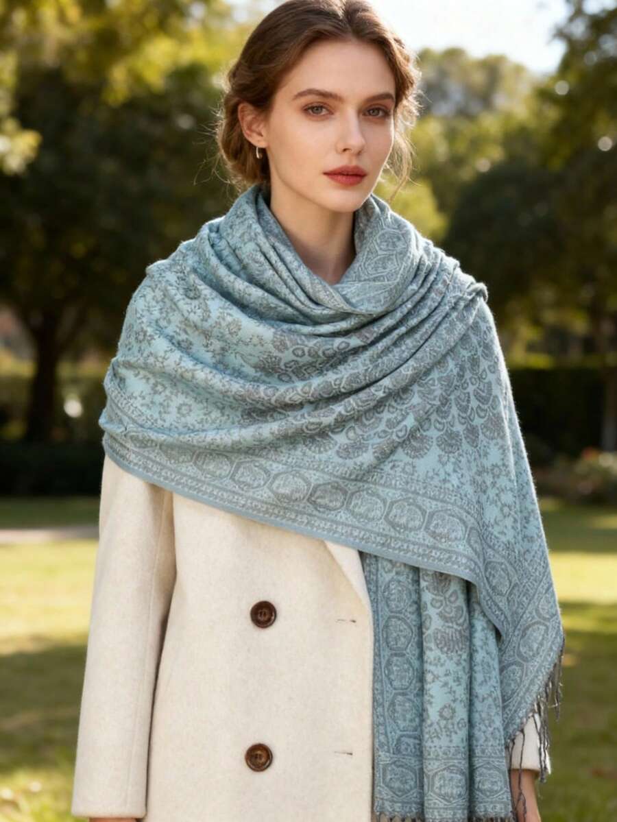 1件女士时尚保暖腰果图案印花围巾，经典佩斯利花纹头巾和披肩，可搭配长袍穿着。 - 淺藍色 - 查看 1