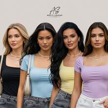 Set Of 4 Baby Look Blouses With Double Front Lining And Square Neckline. Simple. None. Vacation. Beach. - ĐEN/XANH DƯƠNG/VÀNG/TÍM NHẠT - Xem 1