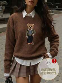 Women's New Autumn/Winter Fashion Sweater, Featuring A Vintage Gentleman Bear Design. This Loose-Fitting, Round-Neck, Long-Sleeved Sweater Is Made From Soft And Comfortable Fabric, Perfect For Casual And Everyday Wear. Part Of The New Autumn/Winter Collection.Layered Tops Suitable For New Year And Valentine's Day, Perfect As A Valentine's Day Gift. - Coffee Brown - View 3