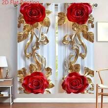 2pcs Elegant Golden Leaf & Red Rose Printed Curtains - 2D Flat Print, Privacy Curtains Suitable For Living Room, Bedroom, Office And Home Decor, Valentine's Day Curtains - Multicolor - View 1