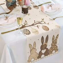 1 pieza Elegante Camino de Mesa de Pascua con Conejo y Huevos, Estilo Granja con Conejo Marrón y Huevos Coloridos, Decoración de Mesa de Comedor para Primavera y Fiestas en el Hogar, Disponible en Múltiples Tamaños - Marrón - Ver 7
