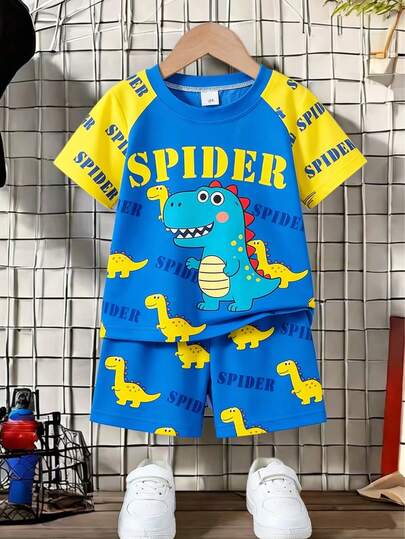 两件套幼儿男童夏季恐龙套装，2026新款，蓝黄撞色设计，可爱卡通恐龙印花，透气柔软面料，日常穿着舒适，让小男孩在夏季展现时尚活力