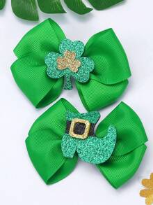 3件套圣帕特里克节绿色布艺发饰蝴蝶结，闪亮四叶草发夹，时尚酢浆草发饰，适合女孩、青少年、朋友日常派对礼物套装 - 綠色 - 查看 3