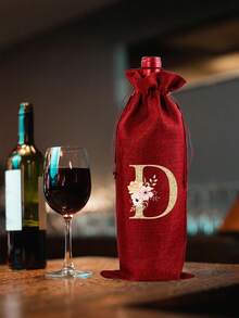 1 Personalized Linen Bottle Storage Drawstring Bag With Flower Gold Initials A-Z Printed On It, Bottle Cover, Coarse Linen Storage Bag, Linen Gift Bag, Wine Set, Beer Bottle Set, Bar Table Atmosphere Set. Equipped With A Drawstring To Prevent Dust, Reusable And Durable, Used For Storing Wine Bottles. - Multicolor - View 7