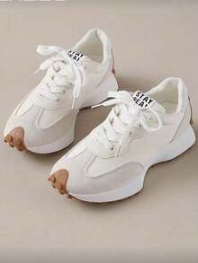 女士圆头系带厚底学生休闲舒适跑步运动鞋 - 白色 - 查看 3