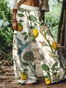 Women's White Bohemian Palazzo Pants: Vibrant Citrus Garden Print With Tropical Birds & Leaves For Spring Music Festivals, Garden Parties, Beach Vacations & Boho Summer Style. - 混合色4 - 查看 2