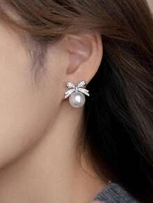 1 Set Women's Fashion Minimalist Elegant Silver Crystal Bow Faux Pearl Braided Necklace And Earrings Set, Stylish Luxury Design Suitable For Weddings, Parties And Daily Wear - White - View 3