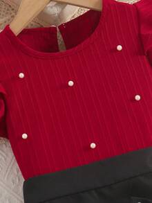Girls' Vintage Elegant Style Round Neck Ruched Sleeve Beaded Top And Asymmetrical Hem Bowknot Beaded Skirt 2-Piece Set, Spring/Summer - Red - View 5