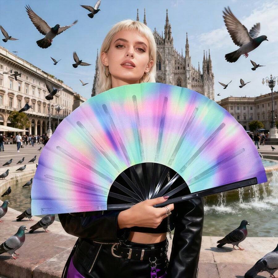 Large-Size Folding Fan - Dreamy Holographic Gradient / Visual Ripple / Kaleidoscope Art Print | Essential Vibe Tool For EDM Festivals, Raves & Parties | Portable Waterproof Folding Fan For Summer Outdoor Cooling | Must-Have Photo Prop For Girls' Streetwear Looks | Sturdy Fan Ribs, Durable & Easy To Open/Close | Multi-Functional Handheld Fan For Daily Commute, Music Festivals, Themed Parties & Travel Check-Ins,Women's Day,Travel Essentials,Wedding Favours,Y2k,Bedroom,Car Accessories Women,Kitchen Decor,Cute Stuff