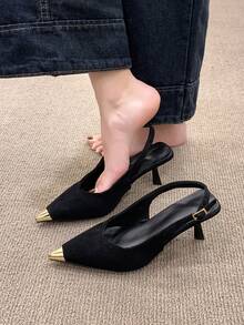 2025 New Metal Splice French Stiletto Pointed Toe Slingback Pumps, Gorgeous Black High Heels, Ladies High Heel Sandals - Black - View 2