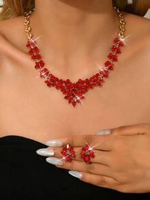 3件套波西米亚复古风合成红色水钻首饰套装 - 镀银合金耳环 - 十二月生辰石时尚套装，适合宴会、婚礼和特殊场合佩戴 - 紅色 - 查看 6