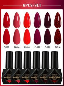 FOUR LILY 10ml 6支装红色系列凝胶指甲油，节日闪亮半永久美甲，UV LED卸甲 - 紅色 - 查看 1