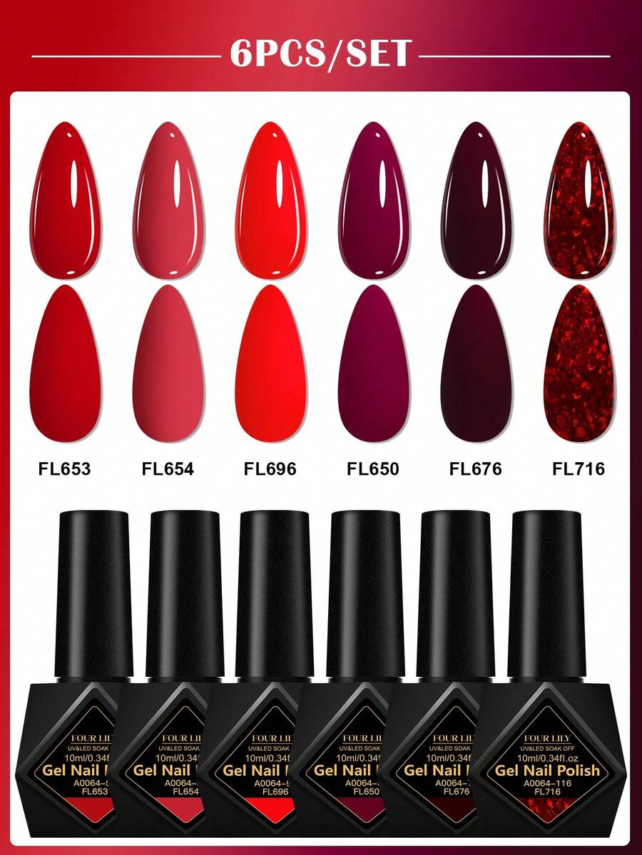 FOUR LILY 10ml 6支装红色系列凝胶指甲油，节日闪亮半永久美甲，UV LED卸甲 - 紅色 - 查看 1