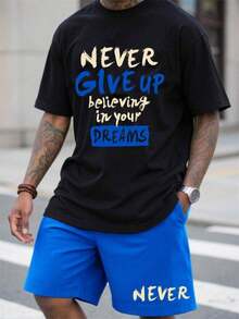 Manfinity LEGND Knitted Men's T-Shirt  For Everyday Comfort And Style Never Give Up Print Set Plus Size - Đen 2 - Xem 6