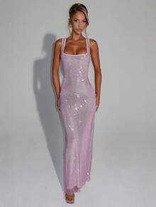 New Sexy Double Strap Sequin Mesh Dress Elegant Waist-Cinching Pullover Bodycon Evening Gown - màu xám hồng nhạt - Xem 3