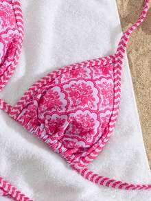 女士性感格子印花蝴蝶结系带露背比基尼套装，夏季沙滩度假泳装 - 彩色 - 查看 3