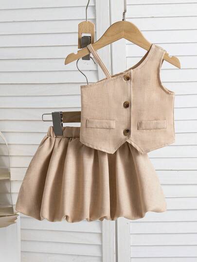 2pcs Baby Girls Summer New Irregular Sleeveless Cardigan + Solid Color Bubble Skirt Casual Comfortable Outfit, Suitable For Outdoor Wear