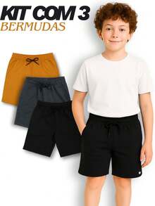 Kit Of 3 Boys' Fleece Shorts With 2 Pockets (SMALL SIZING) - Caramel/grey/black - View 4