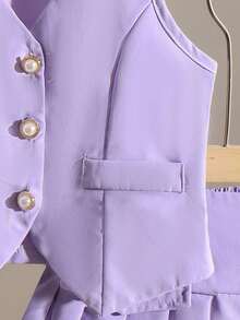 2pcs Girls Elegant Lady Academic Style Vest Top And Pleated Skirt Set, Spring/Summer - Purple - View 5