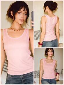Versatile Pink Round Neck Sexy Minimalist Backless Camisole, Fitted Breathable Casual Sleeveless Top For Women - Pink - View 6