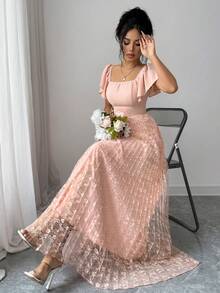 Women's Square Neck Raglan Sleeve Elegant Arabic Style Dress - Pink - View 6