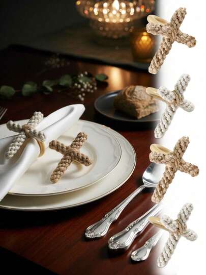 Handmade Macrame Cross Napkin Rings, Religious Cross Napkin Rings,Boho Cotton Rope Napkin Holders For Easter Table Decor, Easter Cross Napkin Rings Set,Religious Baptism First Communion Party Decorations, Farmhouse Style