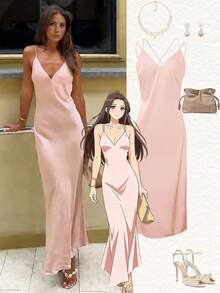 2026春夏新款时尚缎面性感吊带深V连衣裙，光泽迷人，适合小众派对氛围和约会之夜，女士必备。 - 淺粉色 - 查看 12