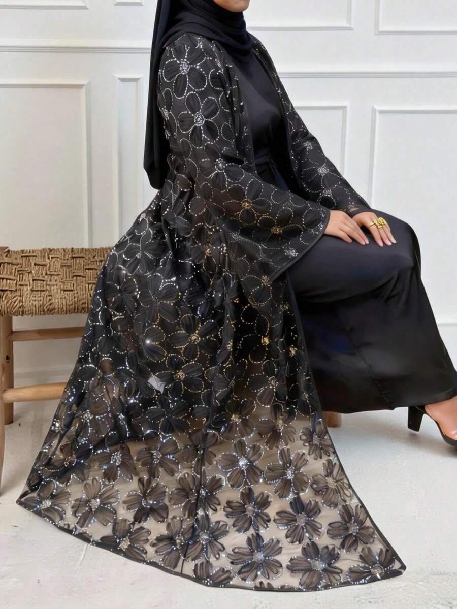 女士花卉亮片网纱长袖睡袍连衣裙优雅两件套，夏季套装，度假装，情人节装，优雅派对装，婚礼宾客装，生日装（仅含衣服，不含围巾） - 黑色 - 查看 1