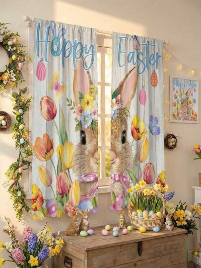 2片装 - 快乐复活节兔子花卉薄纱窗帘：花环兔子和郁金香装饰彩蛋印花，木纹背景 - 透光面料，非常适合客厅/卧室/厨房窗户装饰，复活节假日聚会点缀和春季日常家居装饰