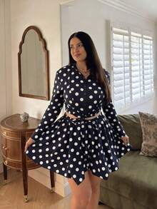 Plus Size Stand Collar Zip‑Front Long Sleeve Polka Dot Drawstring Waist A‑Line 2 Pieces Skirt Set Getaway City Stroll Gathering Vacation Chic Outfit - Black - View 3