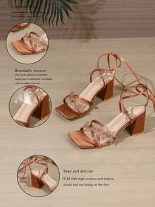 女士方头粗跟凉鞋，时尚性感棕色系带优雅舒适高跟鞋，蝴蝶装饰环绕式高跟凉鞋，适合夏季派对和晚宴 - 棕色 - 查看 8