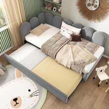 Upholstered Daybed 90x200cm, Daybed Sofa Bed/Children's Bed With Pull-Out Bed 90x190cm And Slatted Frame, Velvet, Grey, Without Mattress - Grey - View 4