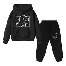 Children's Dinosaur Printed Sweatshirt And Sweatpants Set For School - 黑色 - 查看 1