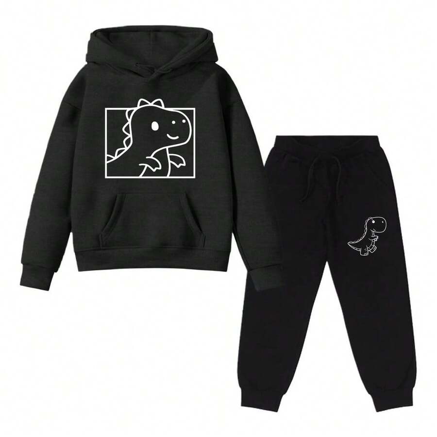 Children's Dinosaur Printed Sweatshirt And Sweatpants Set For School - 黑色 - 查看 1