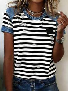 Women's Fashion Loose Casual Contrast Striped Denim Style Short Sleeve Shirt Summer - Multicolor - View 1