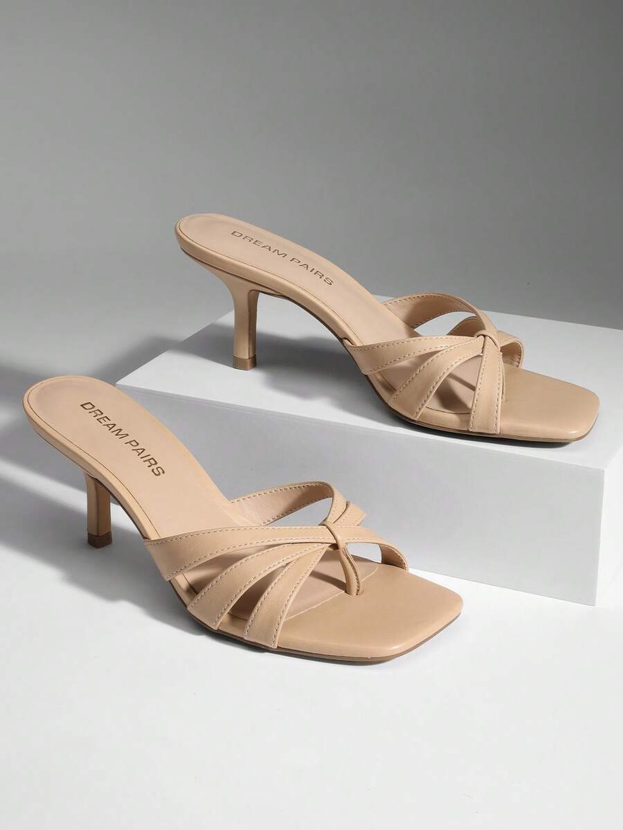 Women Crisscross Strap Kitten Heeled Sandals Fashionable Casual Slip-On High Heel Mules Comfortable Party Wedding Dress Shoes - 杏色 - 查看 1