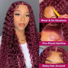 34 Inch Deep Wave Lace Front Wigs Blended Human Hair 13x4 HD Lace Front Wigs Pre Plucked Brazilian Curly Human Hair Wig 200 Density Glueless Frontal Wigs For Black Women #99J Burgundy - SBUG - View 8