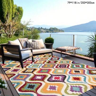 1pc Gold Diamond Velvet + 850g/Sqm + Embossed Base With Earth-Tone Patterned, Inspired By Modern Checkered Design. This Non-Slip, Stain-Resistant, Vintage Bohemian Style Holiday Rug (Moroccan Washable) Is Suitable For Outdoor Patio, Terrace, Balcony And Picnics, Also Can Be Used As Indoor Entrance Rug Or Doormat.