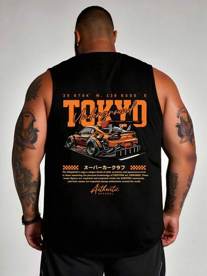 AnChiStreetwear - Plus Size Men's Fashion Car English Graphic Print Casual Crew Neck Sleeveless Tank Top, Suitable For Street, Outdoor, Indoor, Daily Commute, Versatile
