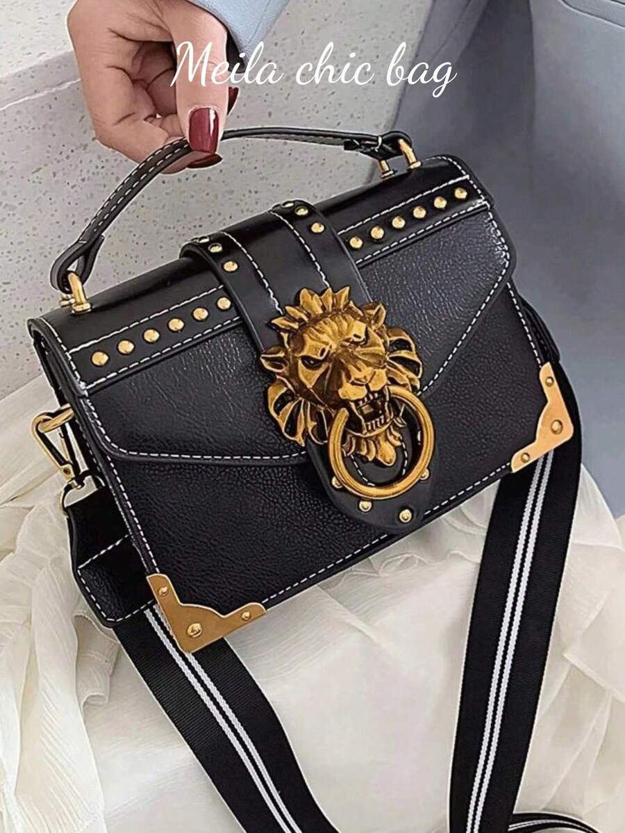 Lion-Head Embellished Square Crossbody Bag, PU Leather-Textured Handbag, Versatile Fashion Shoulder Bag. - 黑色 - 查看 1