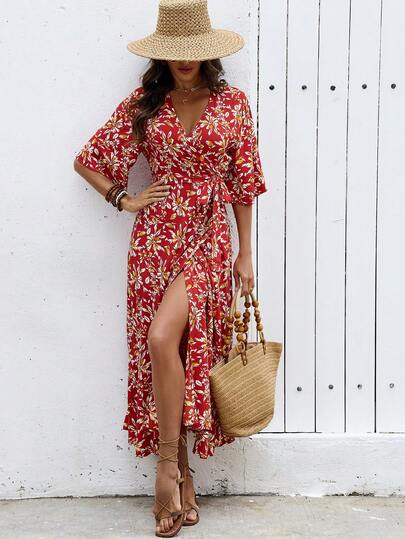 Robe longue femme imprimé floral une-pièce avec nœud, style bohème décolleté en V avec ceinture et nœud, robe fourreau mi-manches queue de poisson pour plage et vacances