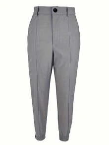 Quần ống côn nữ, có cúc cài ở gấu quần và cạp chun, màu xám, kiểu dáng thường ngày, có túi. - Xám - Xem 5