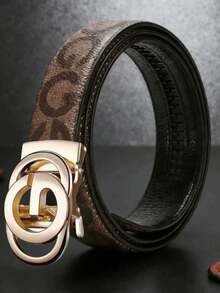 男士时尚百搭字母金色自动扣皮带 - 黑色仿皮，压纹设计，皮革质感，商务或休闲场合的完美节日礼物 - 彩色 - 查看 15