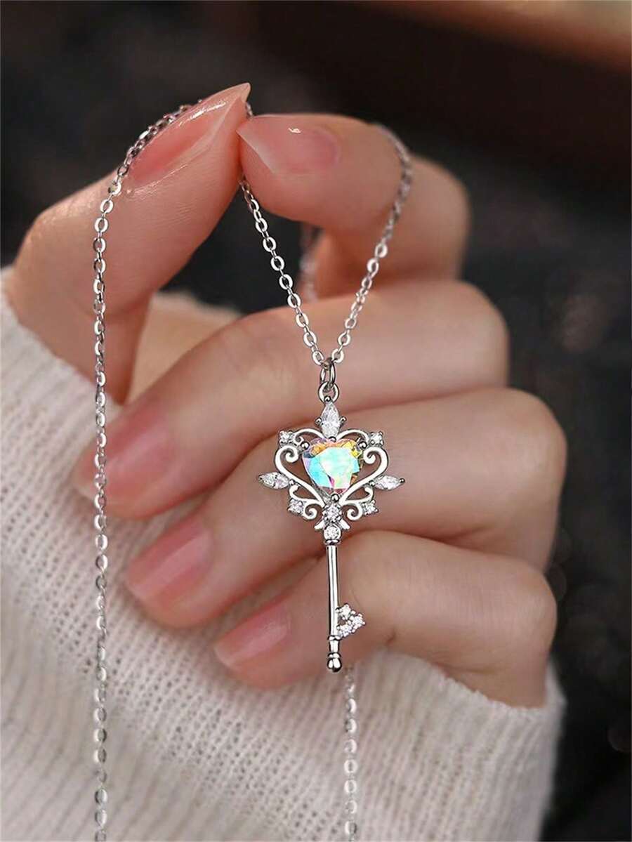 1 chiếc mặt dây chuyền hình trái tim đính đá nhiều màu sắc kiểu Hàn Quốc ngọt ngào và thời trang - Thích hợp cho nữ giới đeo hàng ngày, dự tiệc, du lịch, làm quà tặng cho bạn gái, kỷ niệm, ngày Valentine. - Bạc - Xem 1