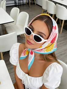 1条70厘米女士缎面多功能配饰，热带柠檬水果印花，适合日常佩戴，四季皆宜，丝巾/手帕 - 藍色邊檸檬款 - 查看 5