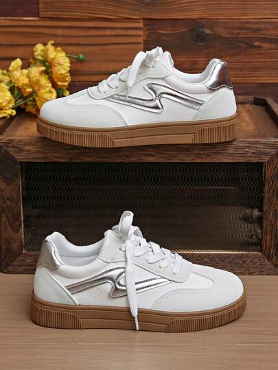 1双圆头系带百搭时尚休闲女式运动鞋，橡胶鞋底防滑耐磨轻便平底运动鞋，春秋新款韩版平底舒适日常白色休闲鞋，尺码36-42