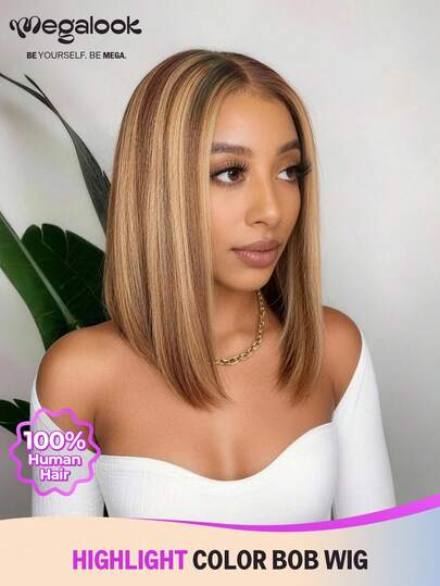 MEGALOOK 棕色挑染直发波波头假发，100%真人发丝，透明蕾丝，细小发结，挑染假发，150%密度蕾丝前额假发，14英寸波波头假发 - 自然逼真，适合日常佩戴，可打造办公室、僵尸新娘、万圣节派对、Y2K风格、度假装扮、户外角色扮演、校园、学校假期、圣诞节派对、婚礼等各种场合，适合女性佩戴。