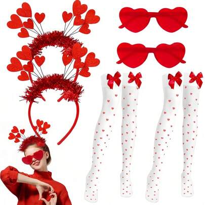 2/3pcs/Set Valentine's Day Red Heart Accessories Set, Red Heart Headband, Heart-Shaped Glasses, Stockings, Party Themed Couple Outfit Accessories, Photo Props