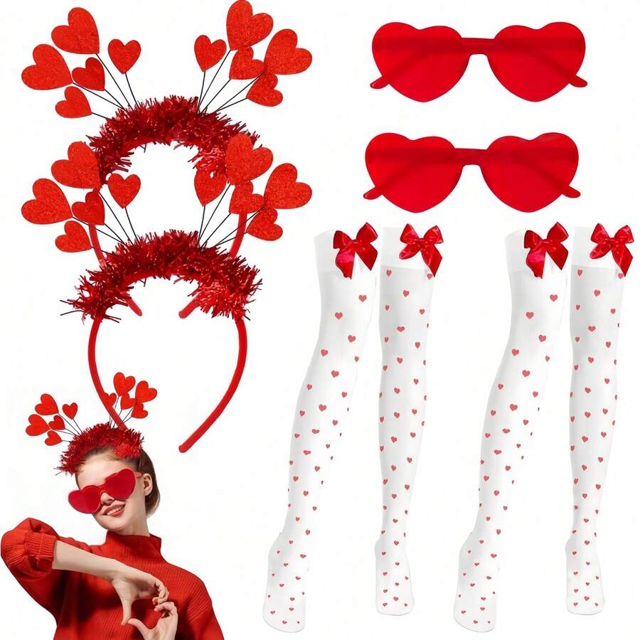 2/3pcs/Set Valentine's Day Red Heart Accessories Set, Red Heart Headband, Heart-Shaped Glasses, Stockings, Party Themed Couple Outfit Accessories, Photo Props - Multicolor - View 1