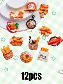 12 件美味食物主题冰箱贴，创意装饰磁性贴纸，适用于厨房、家庭、办公室和白板，各种微型食物模型，如仿真面包、披萨和糕点，可用于冰箱和 DIY 手工艺品。 - 彩色 - 查看 3